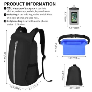 Waterproof Dry Bags Set of 3 with Cellphone Bag Waist Bag, 20 Ltr Floating